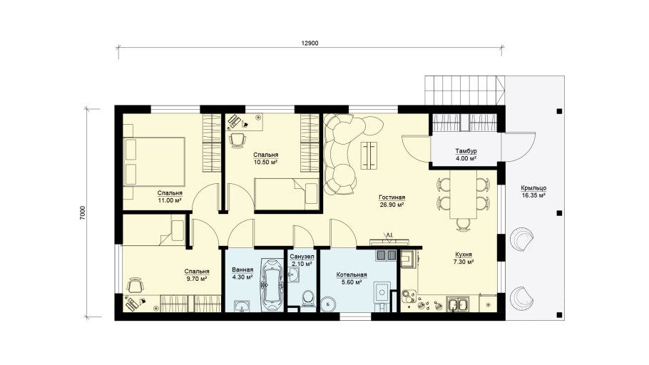 Одноэтажный дом 140м2 планировка три комнаты