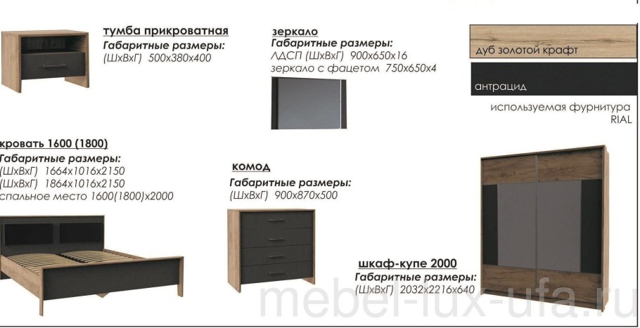 Модульная спальня "Либерти", дуб крафт золотой/антрацит