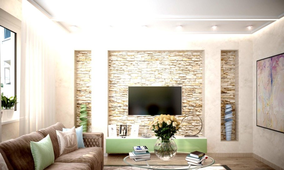 Отделка гостиной камнем