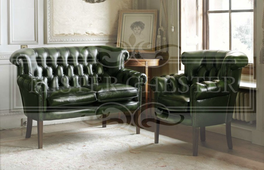 Кресло кожаное Честерфилд зеленый