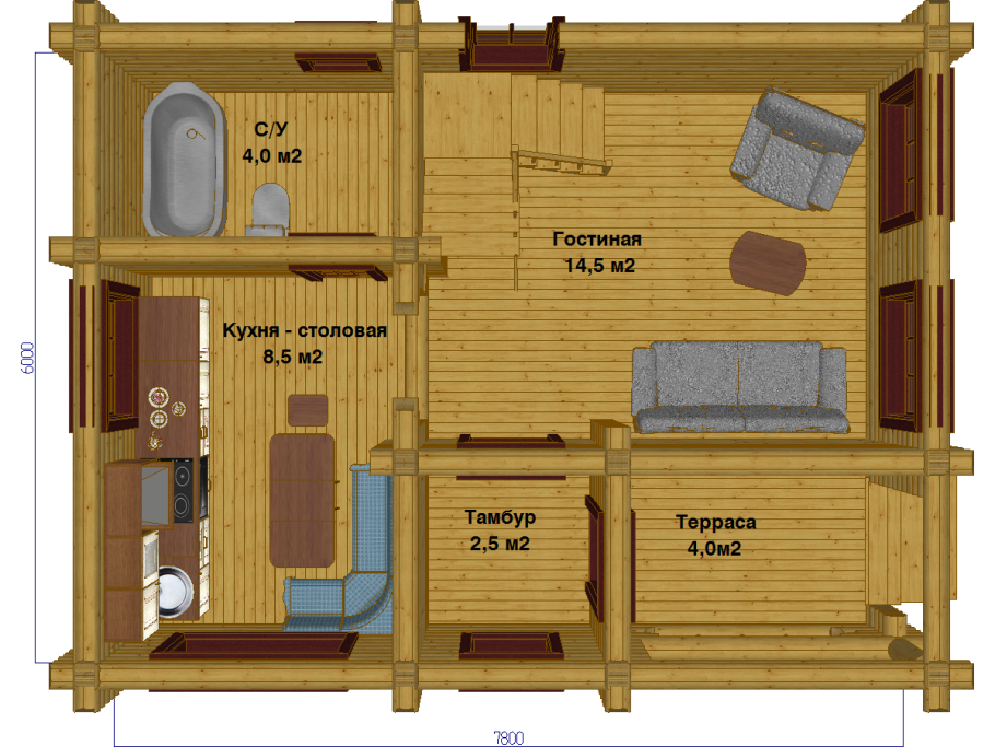 Баня из оцилиндрованного бревна 6х6 планировка