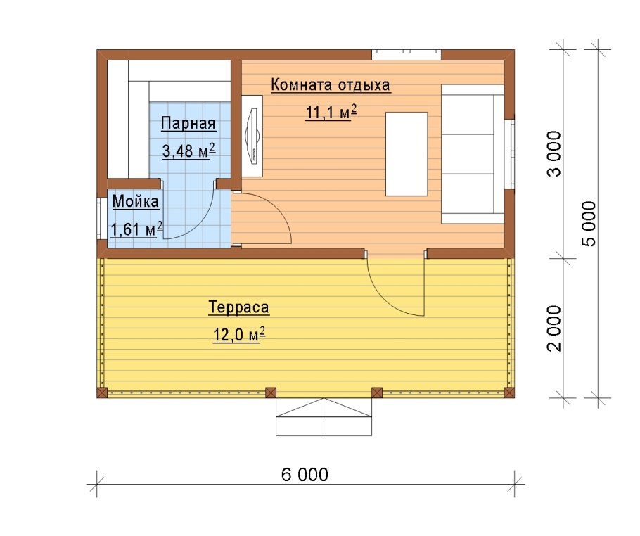 Баня 4х5 из бруса с террасой план