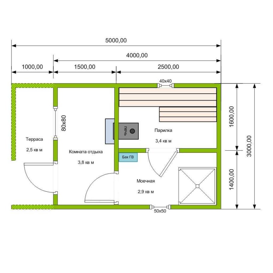 Баня 6х3 с террасой планировка