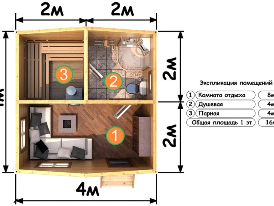 Удобная планировка бани 4*4