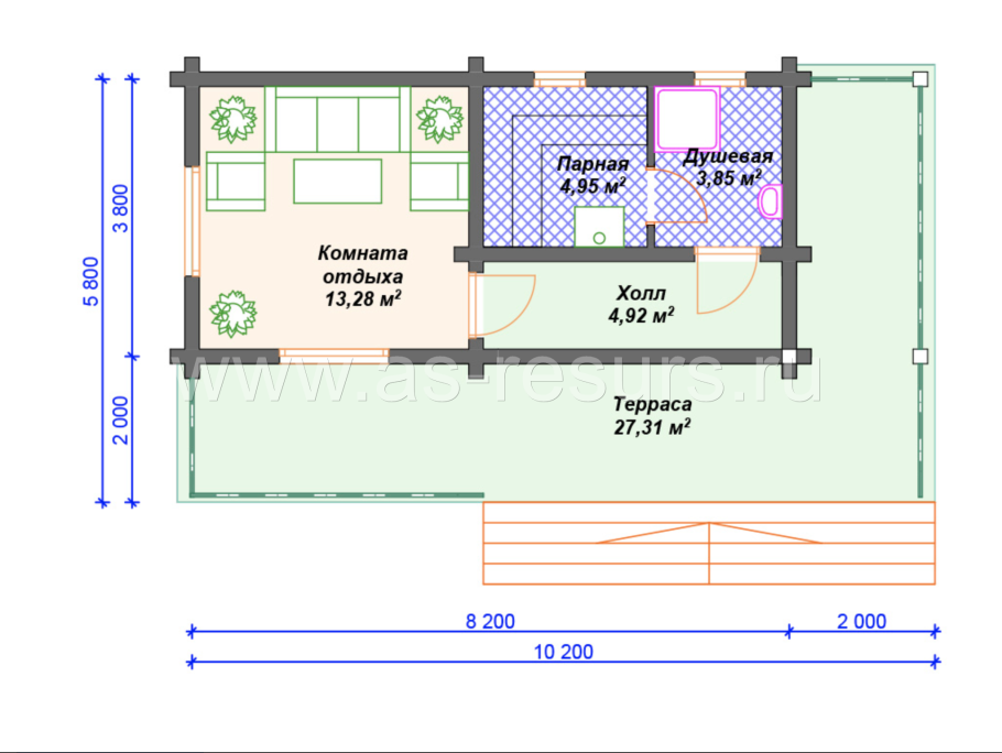 Проект бани 6х6 с односкатной крышей