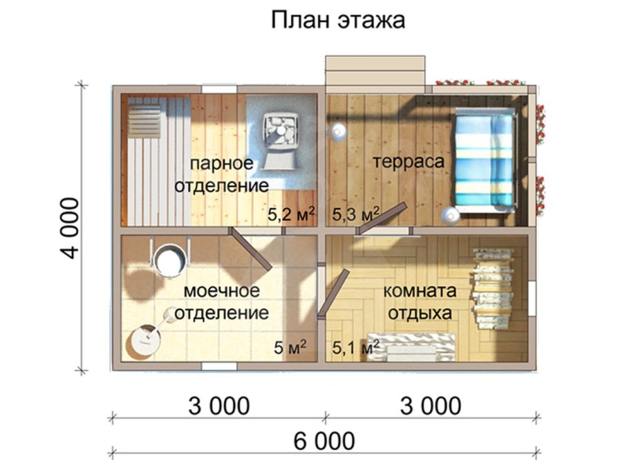 Проект бани с комнатой отдыха каркасный и спальней