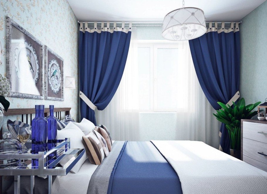Голубые шторы в спальне