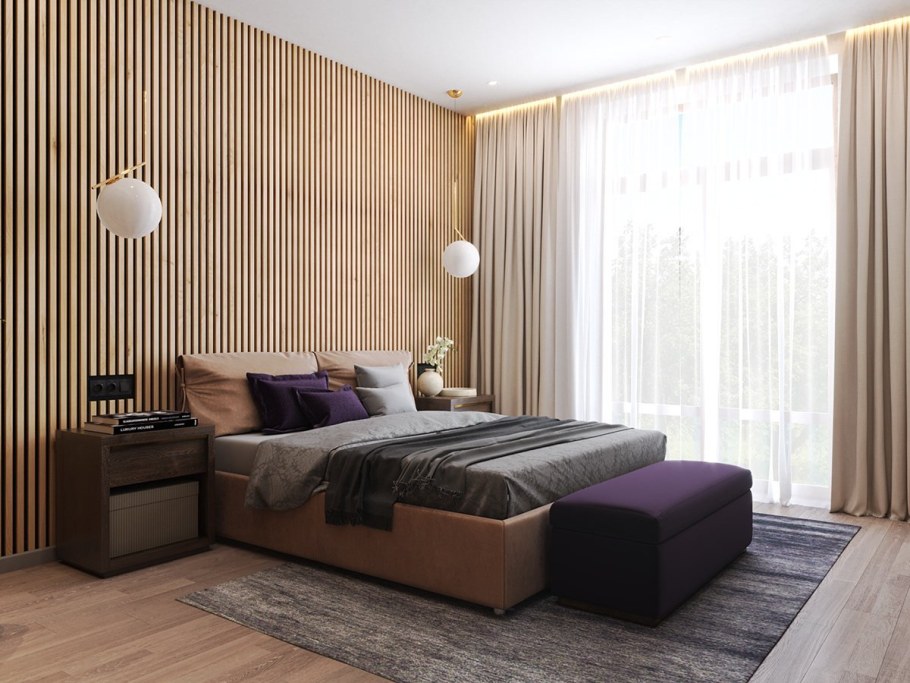 Спальня с деревянными рейками на стене