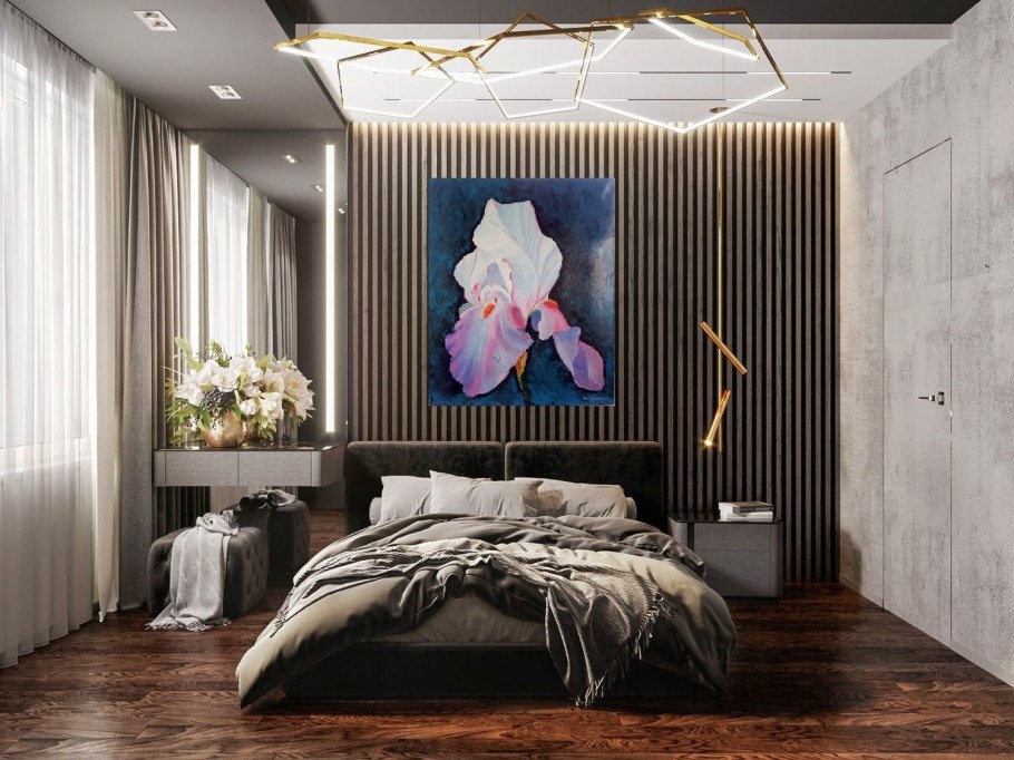 Деревянные рейки в спальне