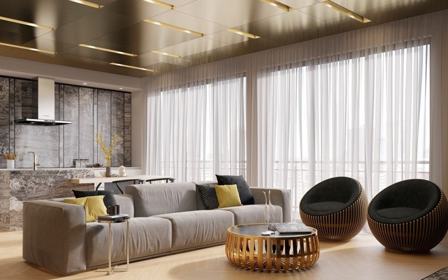 Латунь в интерьере гостиной