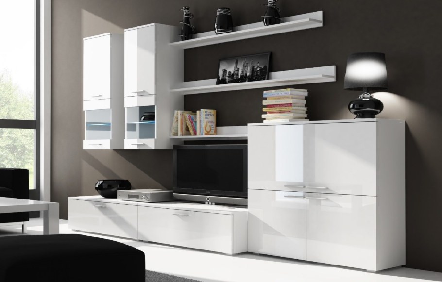 Современные стенки в гостиную белый глянец