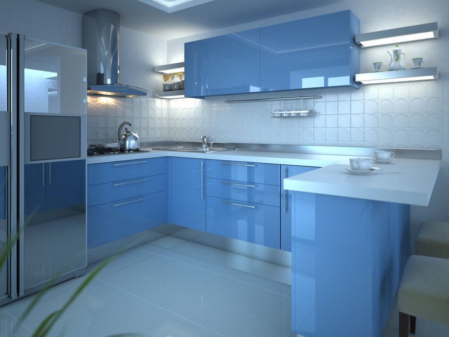 Кухня серо голубая глянец