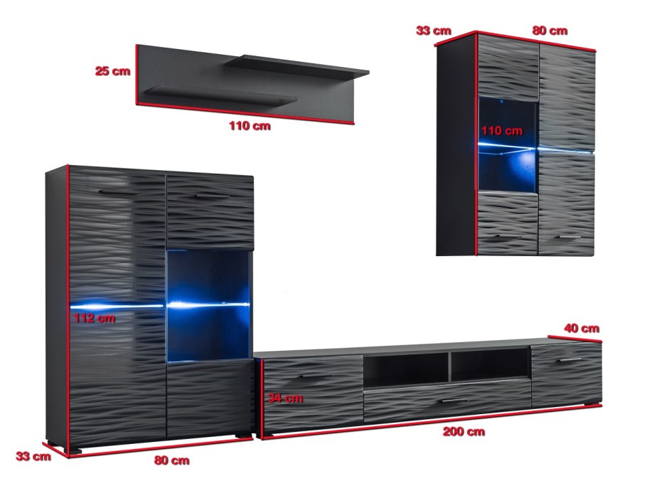 Черная витрина RTV 280cm дисплея СИД лоска мебели