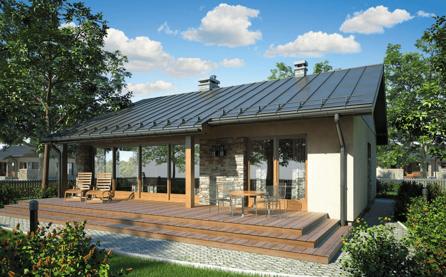 Одноэтажный дом с большой террасой