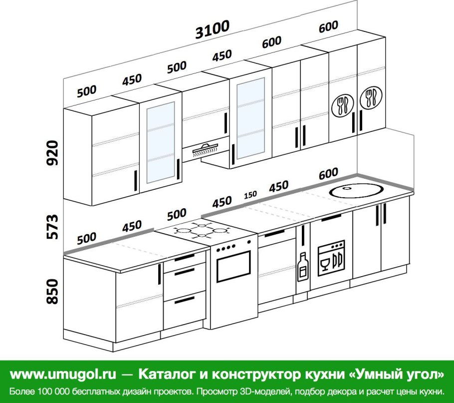 Прямой кухонный гарнитур Размеры