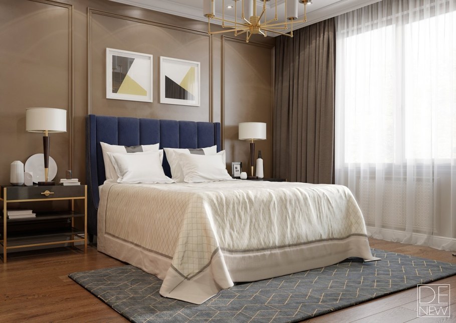 Спальня с бежевой кроватью