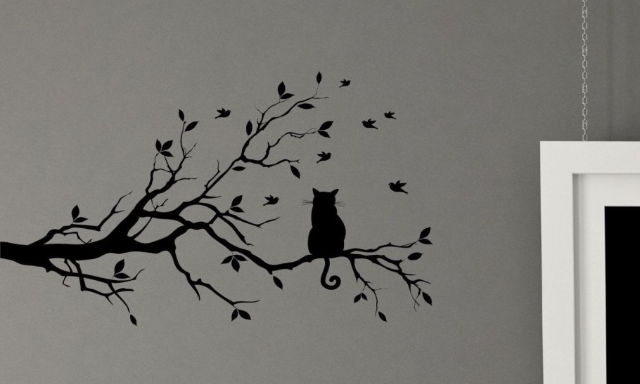 Рисунок черный кот дерево и птицы