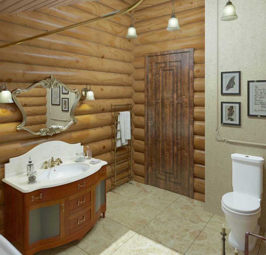 Санузел в доме из оцилиндрованного бревна