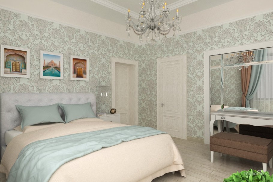 Мятные обои в спальне