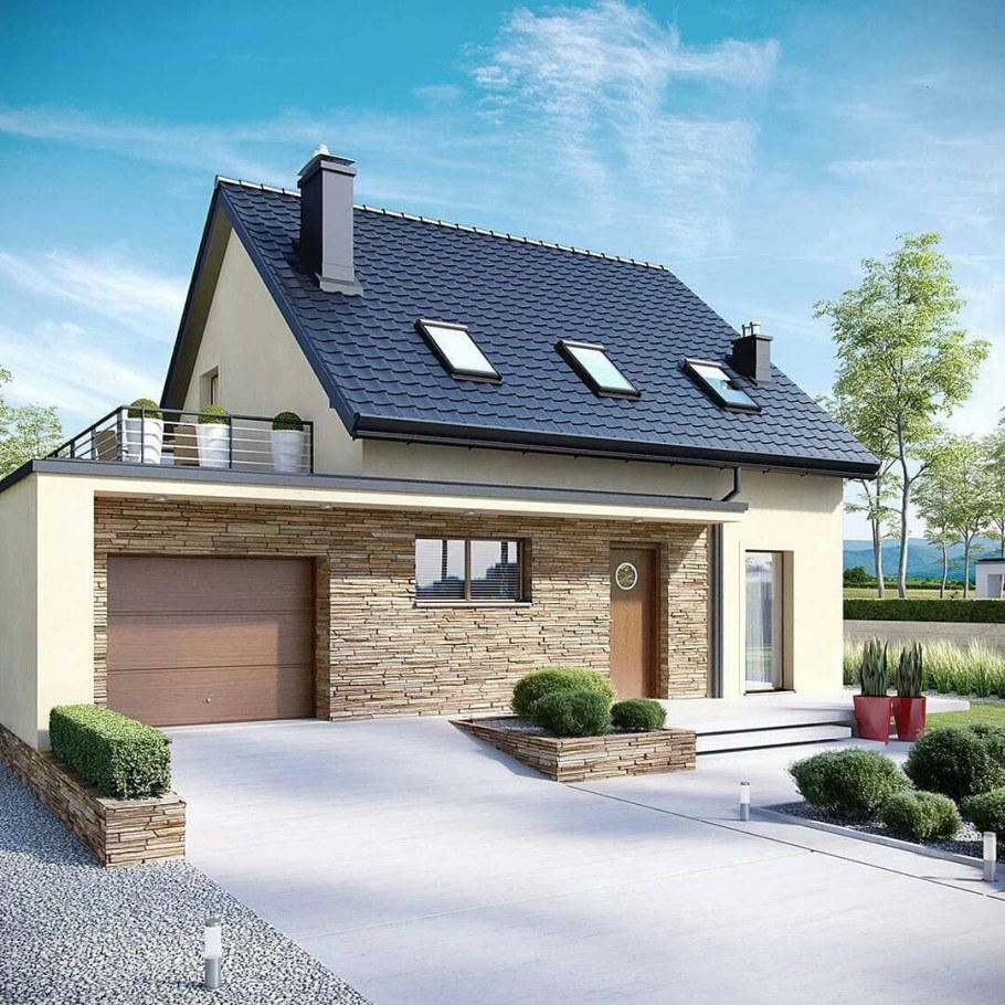 Небольшой дом с гаражом под одной крышей