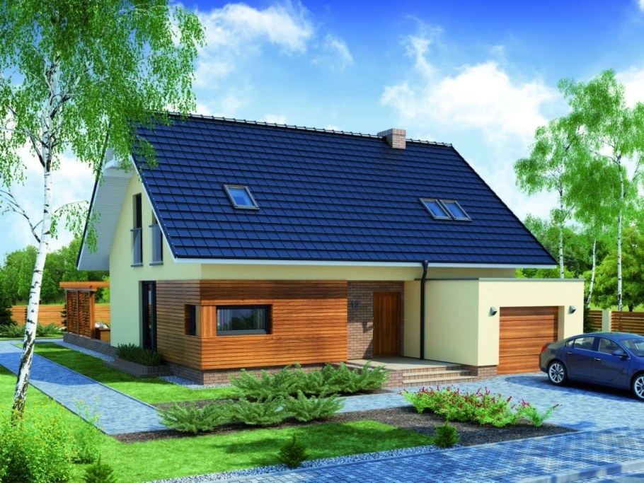 Дом с двускатной крышей и гаражом