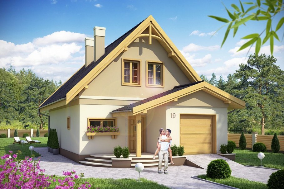 Дом с двухскатной крышей и гаражом
