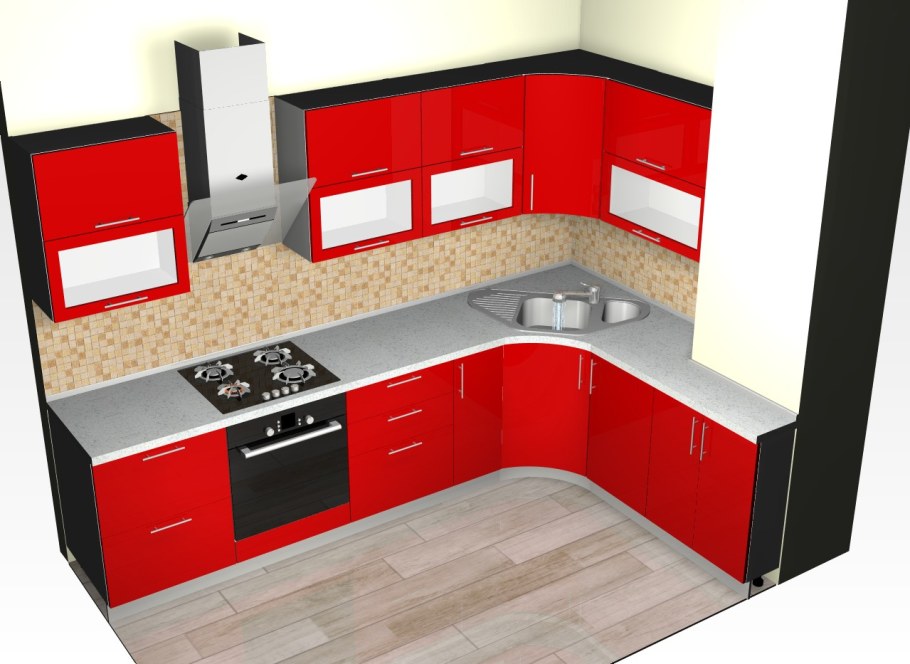 Проект кухни угловой маленькой красная