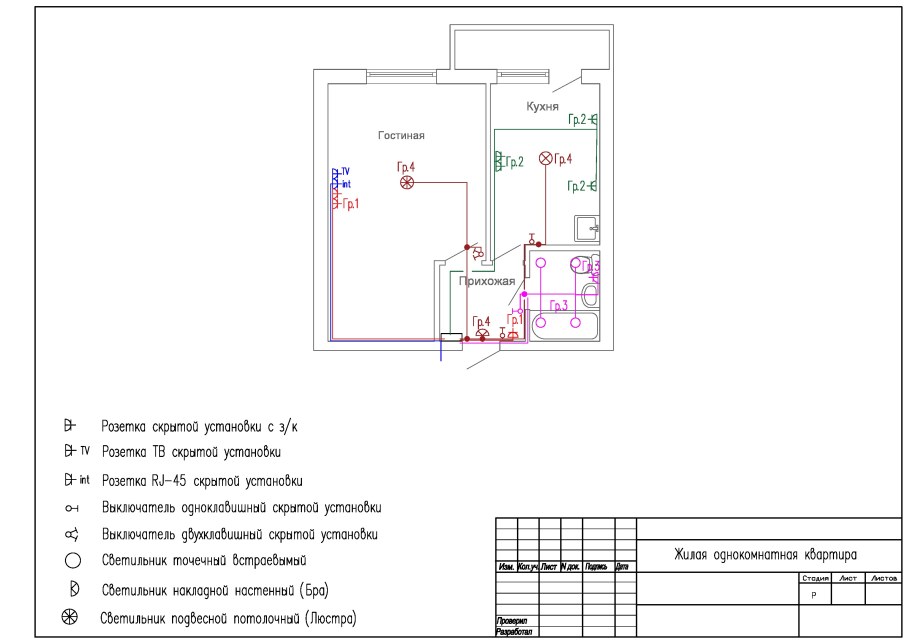 Схема разводки электропроводки в квартире 1 комнатной