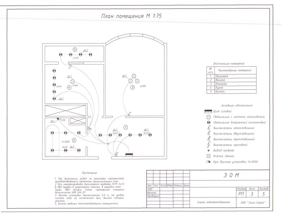 Монтажная схема электропроводки 1 комнатной квартиры