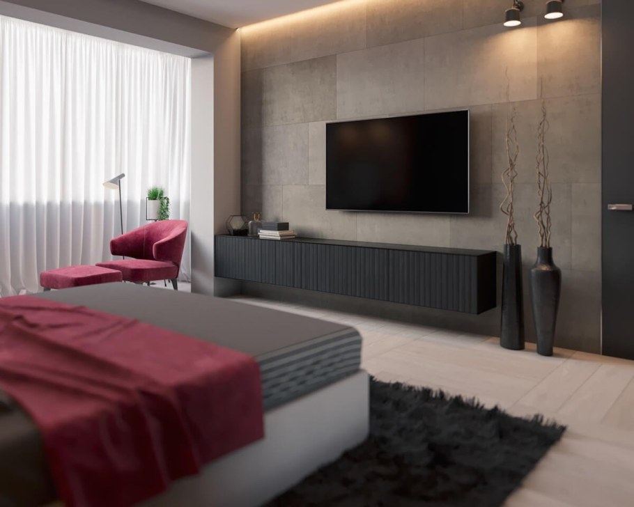 Интерьер спальни с телевизором