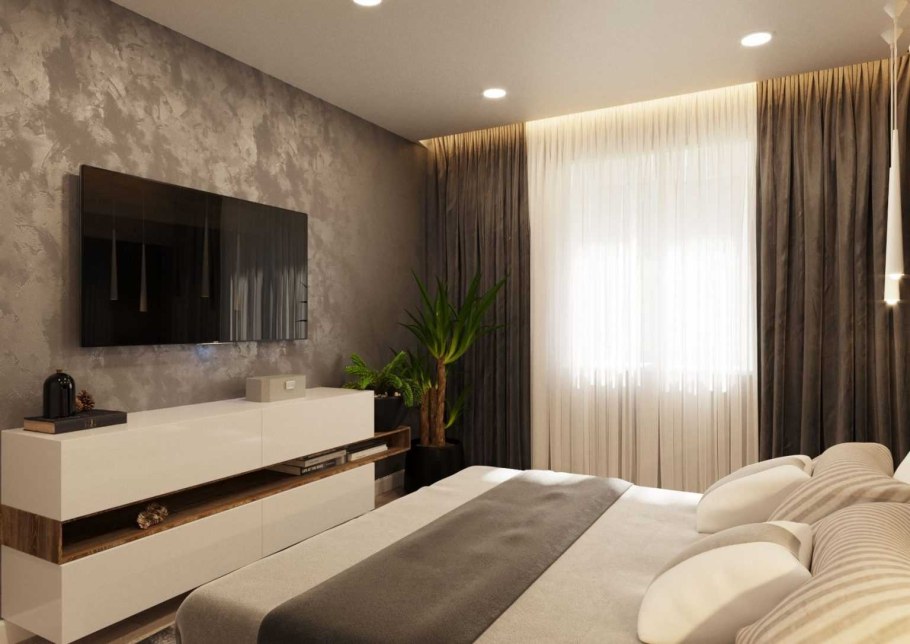 Спальня с декоративной штукатуркой на стенах