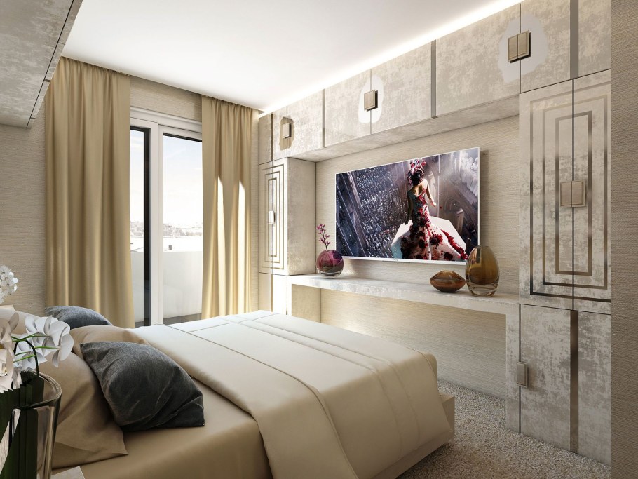 Интерьер спальни с телевизором