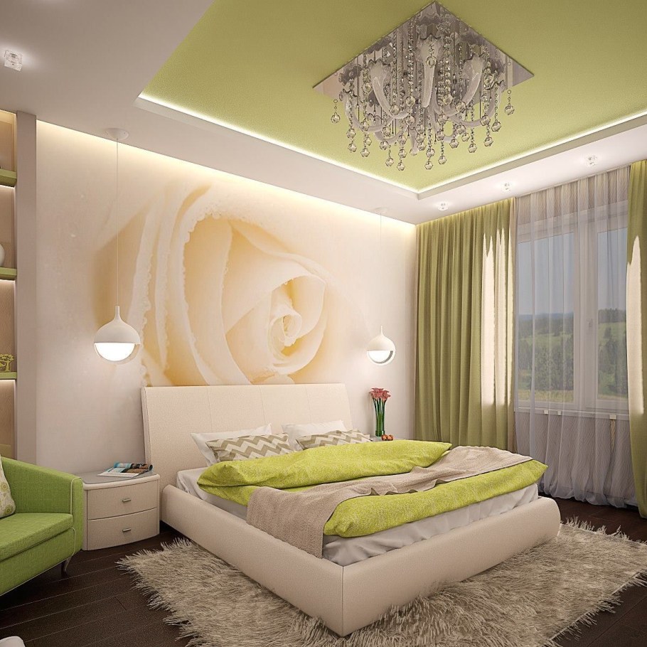 Спальня в бежево зеленых тонах