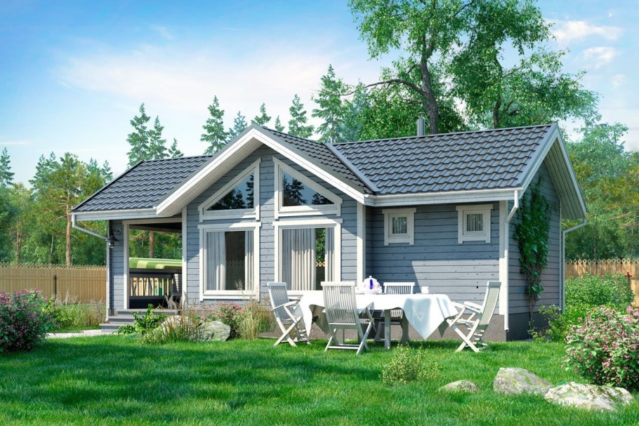 Баня с террасой небольшая в скандинавском стиле