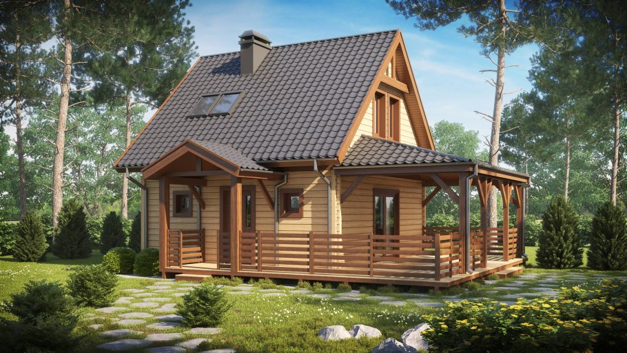 Небольшой деревянный дом с мансардой