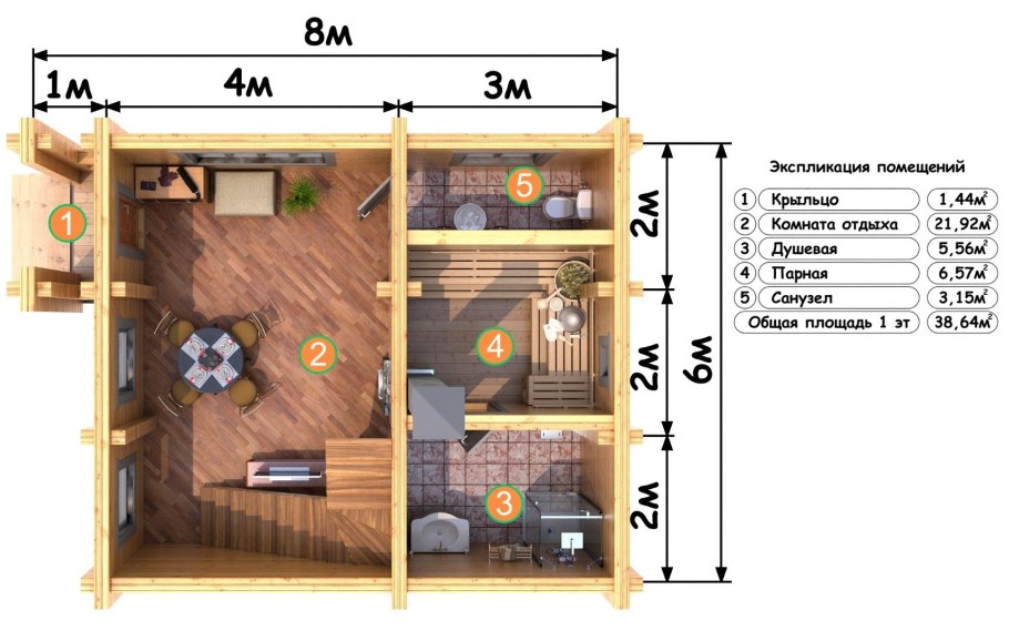 Баня 6х6 планировка с туалетом и с комнатой из бревна