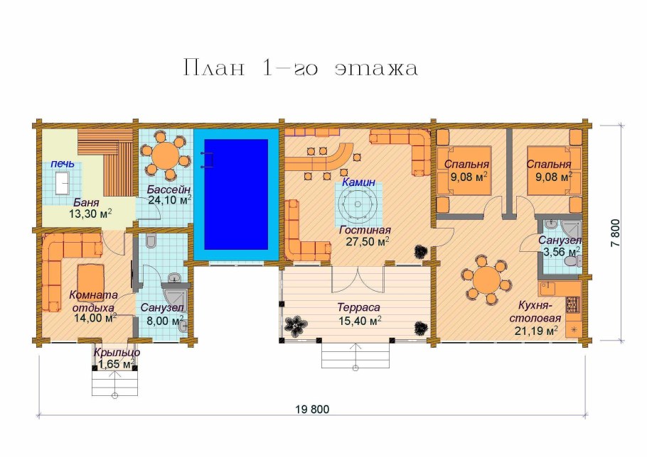 План одноэтажного дома с баней под одной крышей