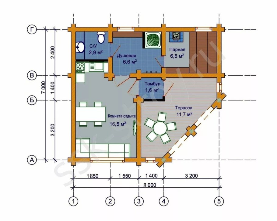 Угловая баня 5х10 планировка