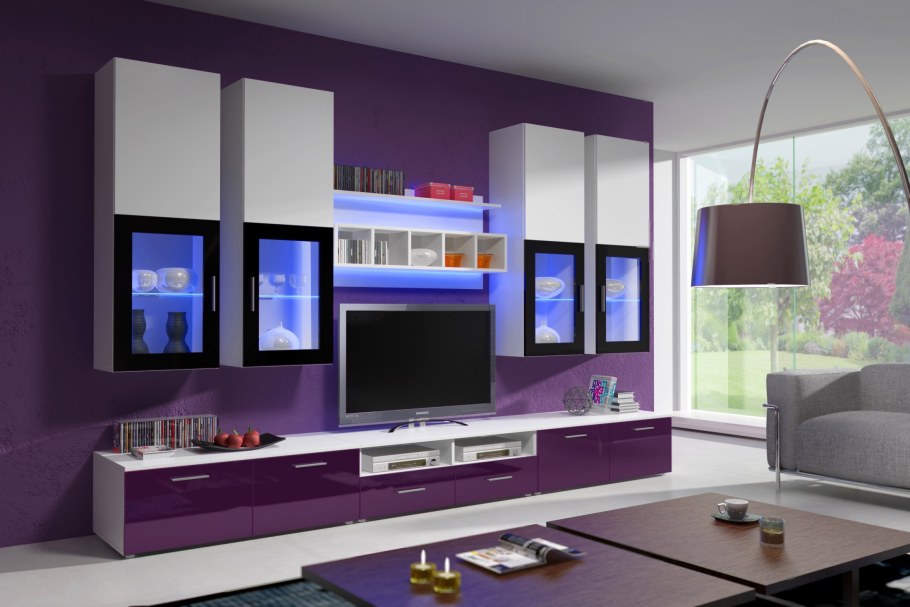 Стенка в гостиную в современном стиле фиолетовая