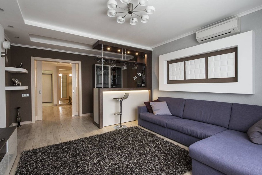 Гостиная с барной стойкой и диваном