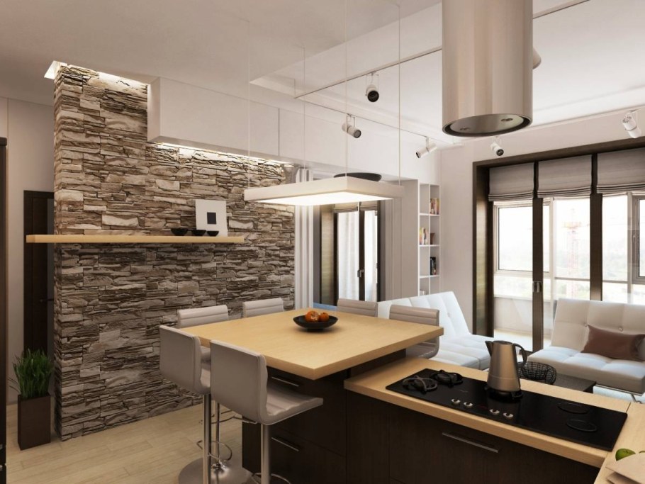 Кухня гостиная с барной стойкой