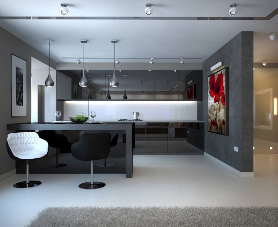 Кухня гостиная 30 кв в стиле хайтек