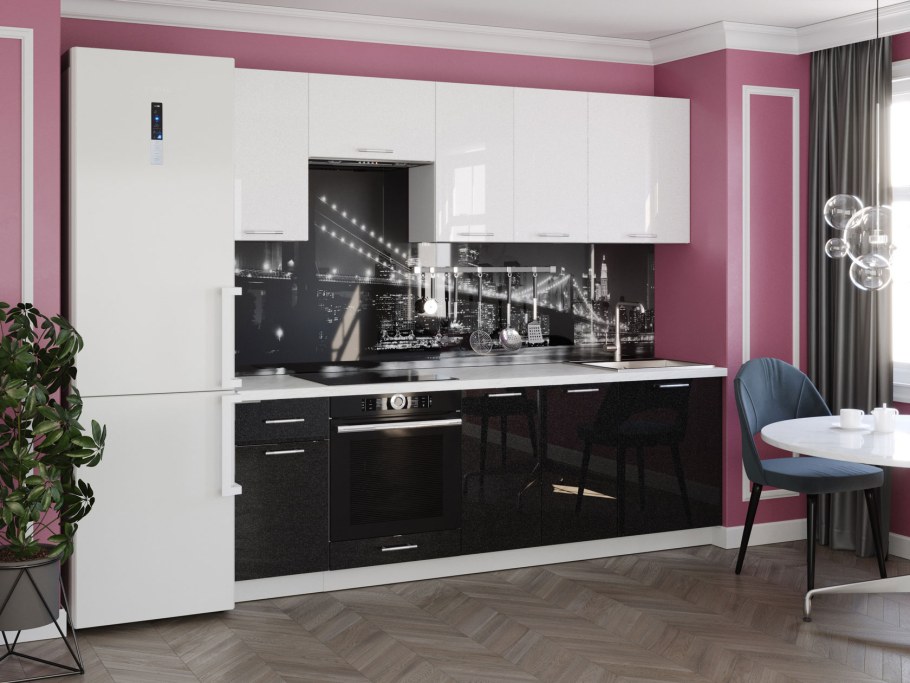 Кухонный гарнитур Одри 240 см белый металлик / черный металлик