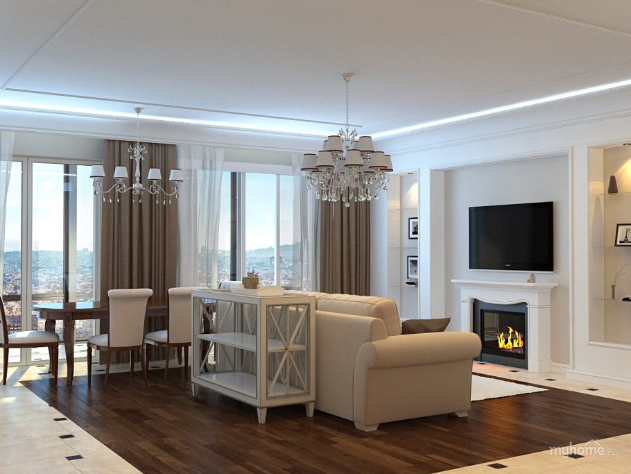 Объединенная кухня гостиная Неоклассика