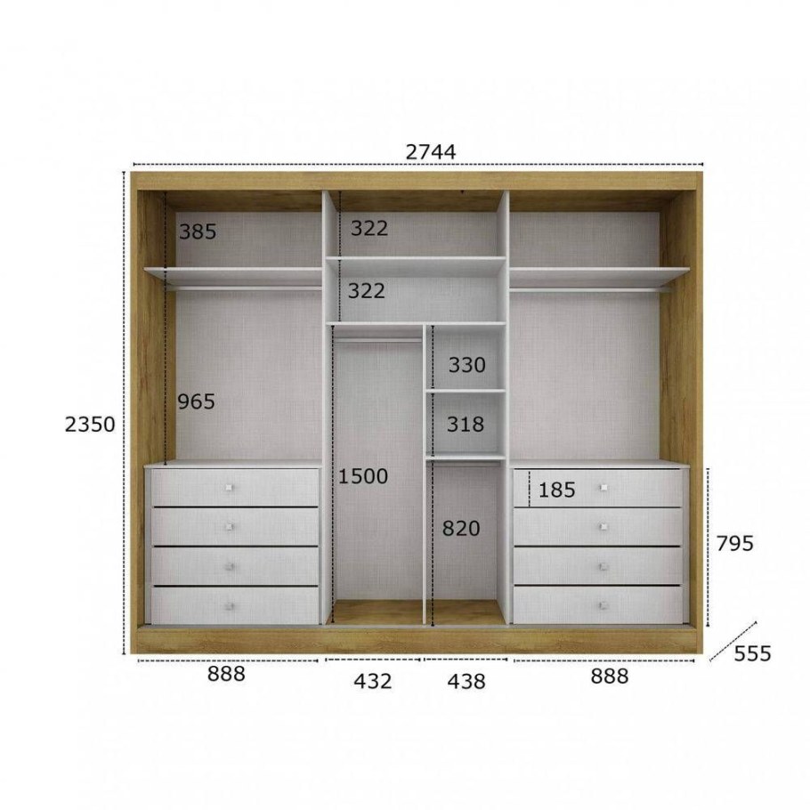 Планировка шкафа купе 3 отдела сбоку щитовая