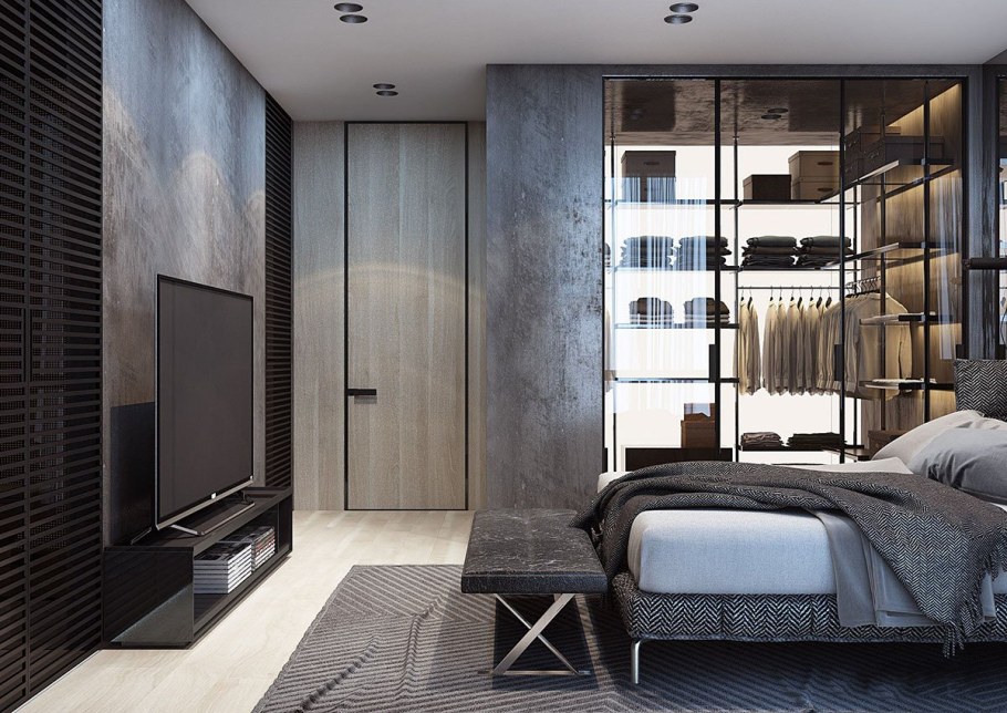 Спальня в стиле лофт с гардеробной