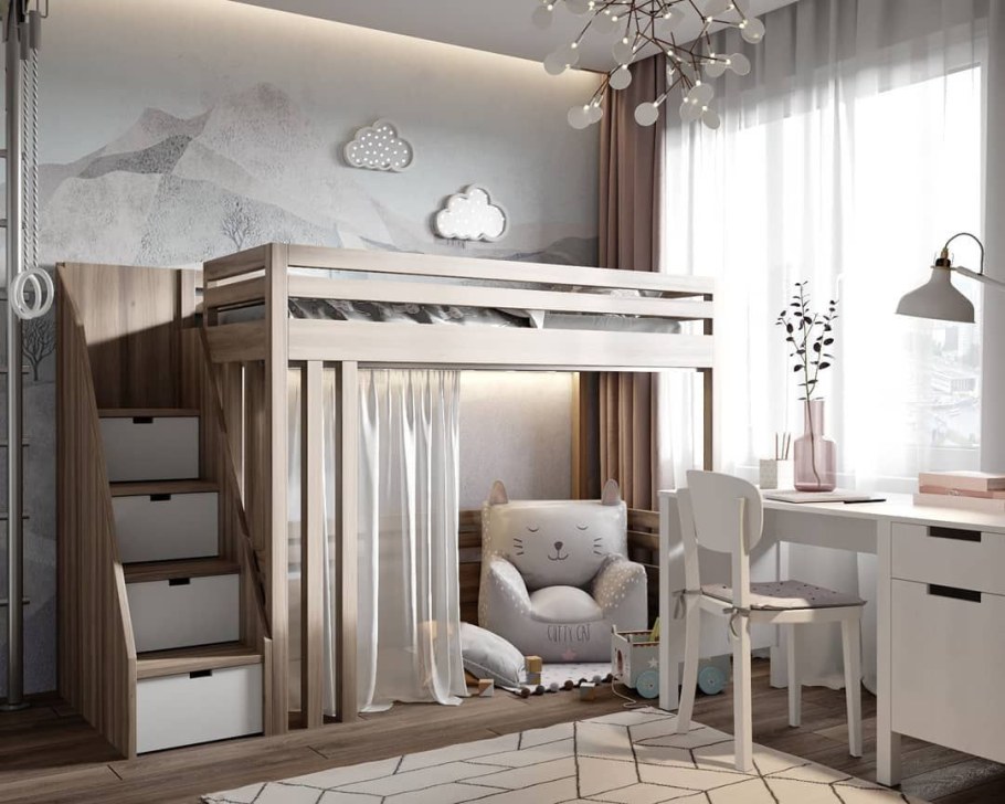 Комната для девочки с кроватью чердаком
