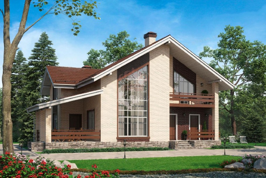 Двухэтажный кирпичный дом с мансардой