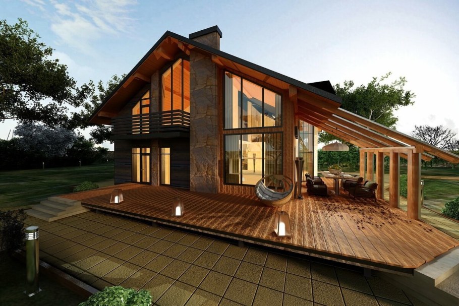 Дом с панорамными окнами и террасой