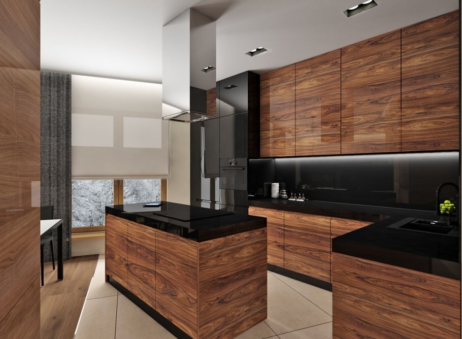 Кухни с фасадами под дерево в современном стиле